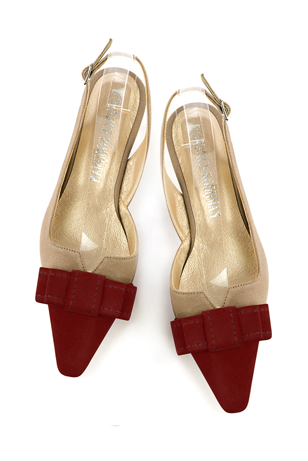 Burgundy red and tan beige women's open back shoes, with a knot. Tapered toe. Low kitten heels. Top view - Florence KOOIJMAN
